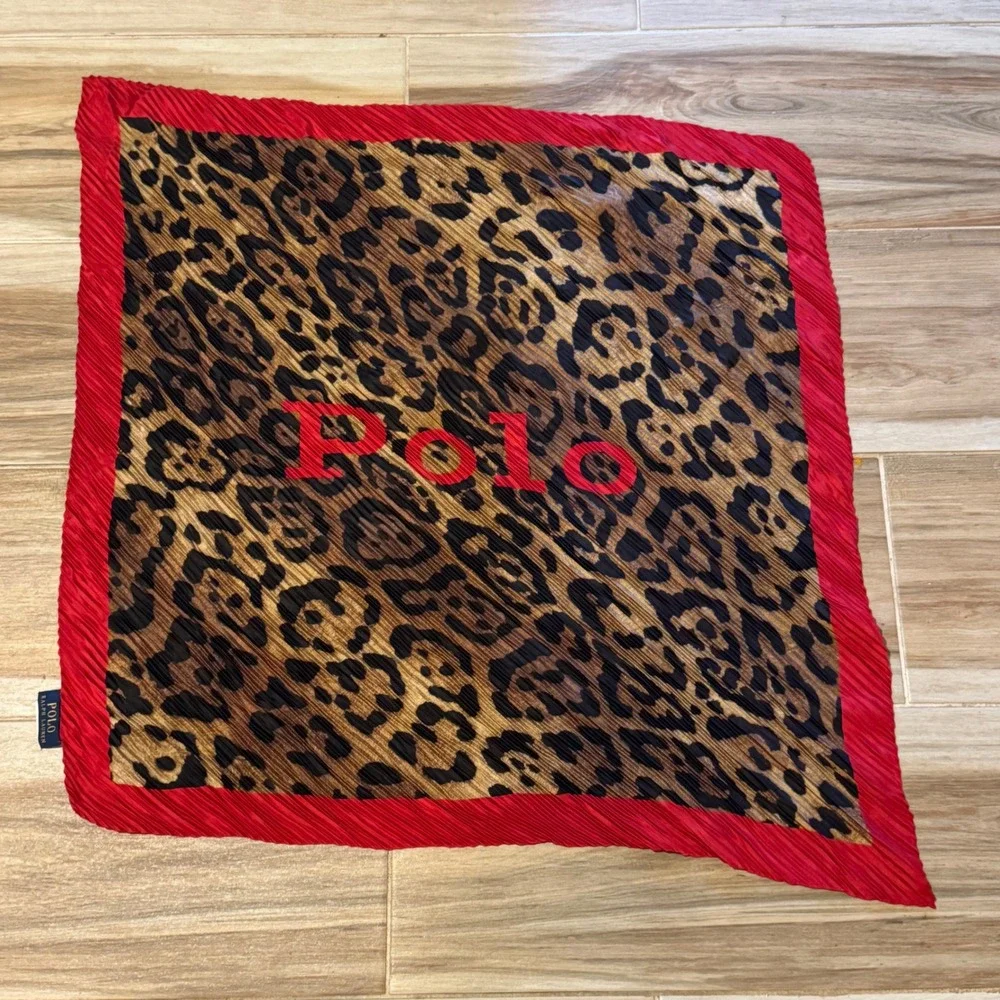 Polo Ralph Lauren Plisse Silk Scarf Leopard Animal Print Red Border Pleated Sq